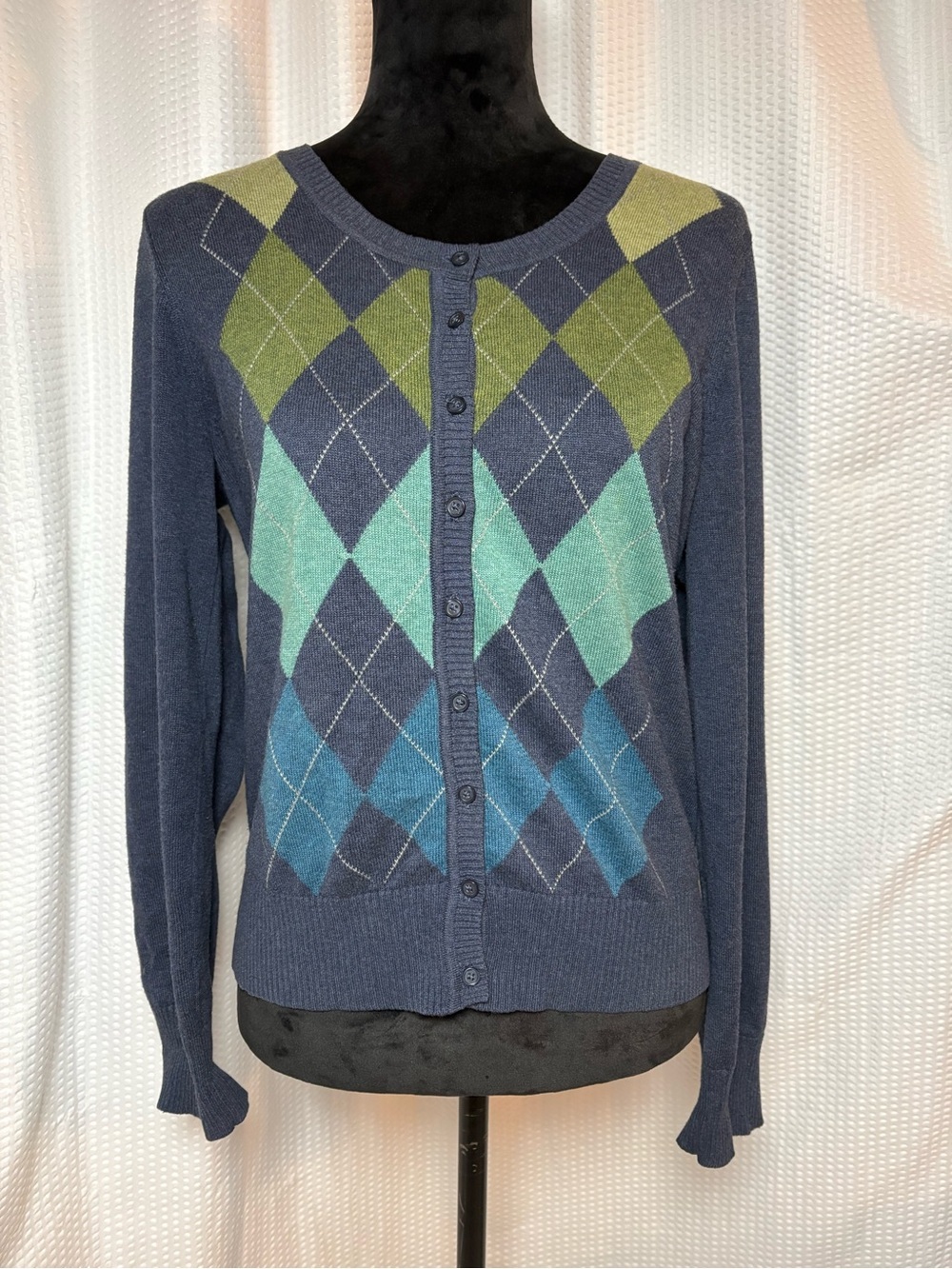 Sonoma Life & Style Macy Blue Argyle Button Down Sweater 100% Cotton Size M